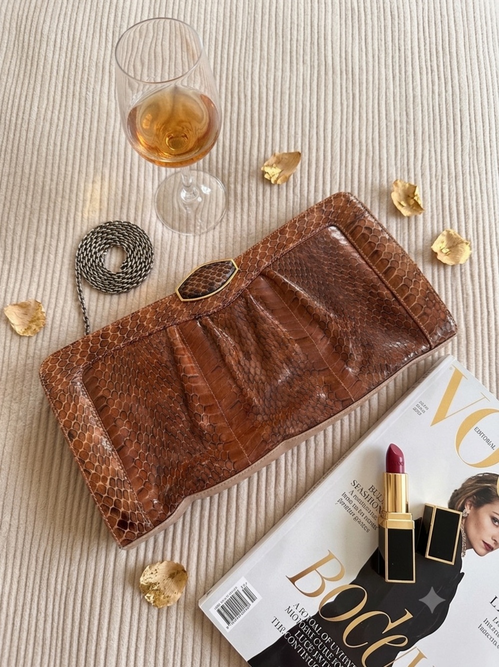 Leather Python-Effect Brown Clutch with Chain Strap